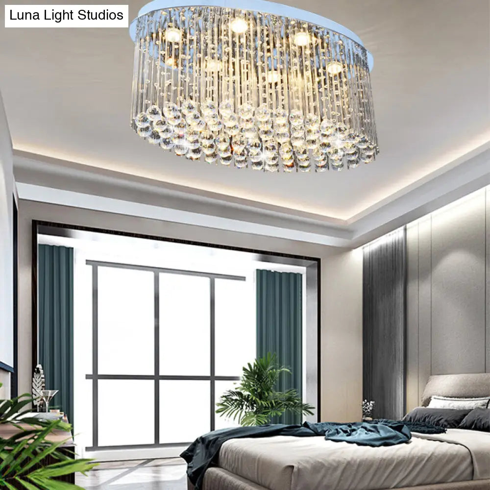 Modern Nickel Oval Flush Mount Crystal Ceiling Light - 6 Heads Dining Room