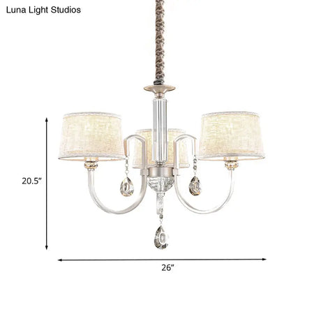 Modern Nickel Swoop Arm Chandelier: 3/6 Lights Metal Drop Lamp With Flaxen Fabric Shade And K9