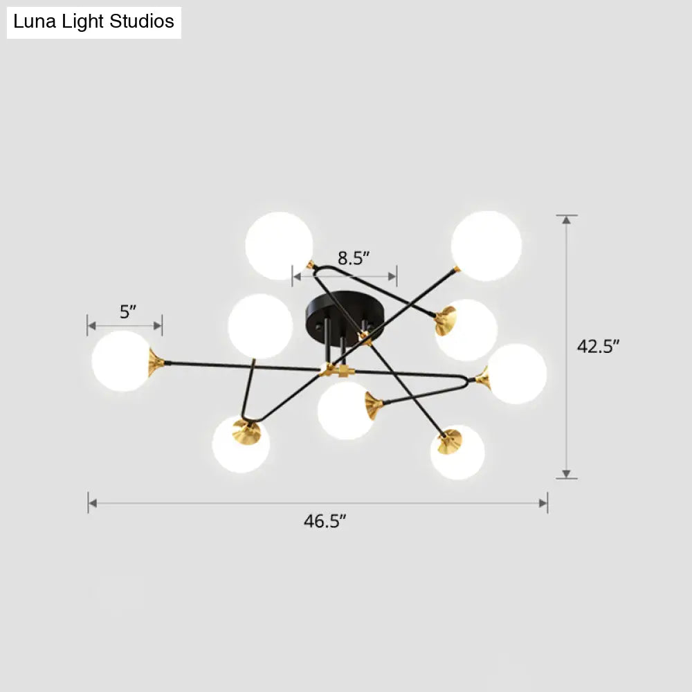 Modern Nordic Black-Brass Semi Flush Mount Chandelier For Bedroom Lighting With Milky Glass Ball
