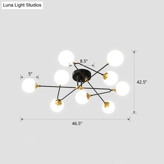 Modern Nordic Black-Brass Semi Flush Mount Chandelier For Bedroom Lighting With Milky Glass Ball