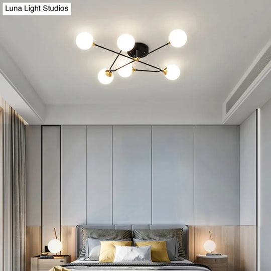 Modern Nordic Black-Brass Semi Flush Mount Chandelier For Bedroom Lighting With Milky Glass Ball