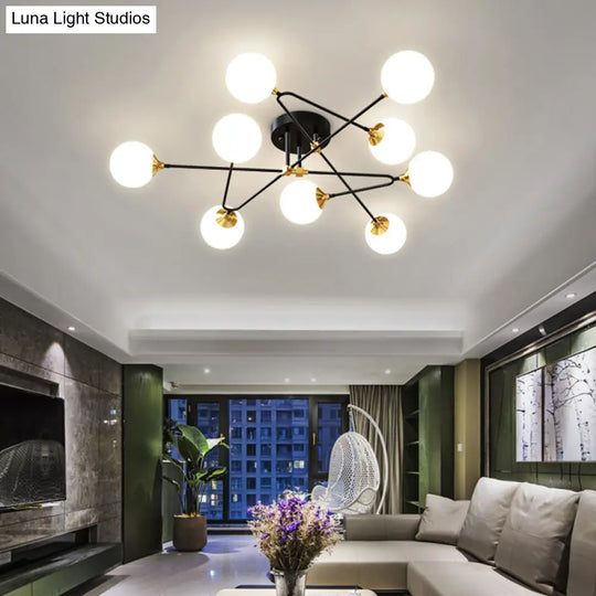 Modern Nordic Black-Brass Semi Flush Mount Chandelier For Bedroom Lighting With Milky Glass Ball