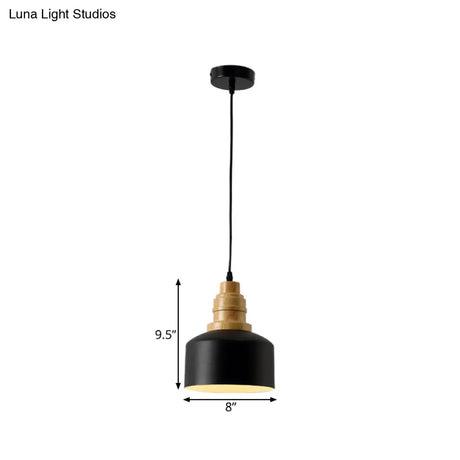 Modern Nordic Black Drum Hanging Pendant Lamp With Wooden Top - 1 Bulb Iron Ceiling Lighting