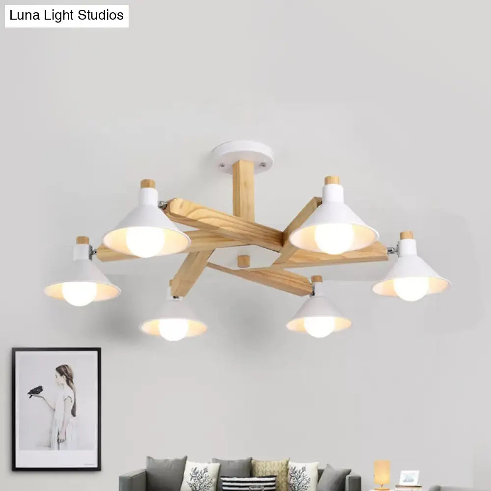 Modern Nordic Chandelier - Rotatable Wood Ceiling Light With 6 Lights In White For Living Room