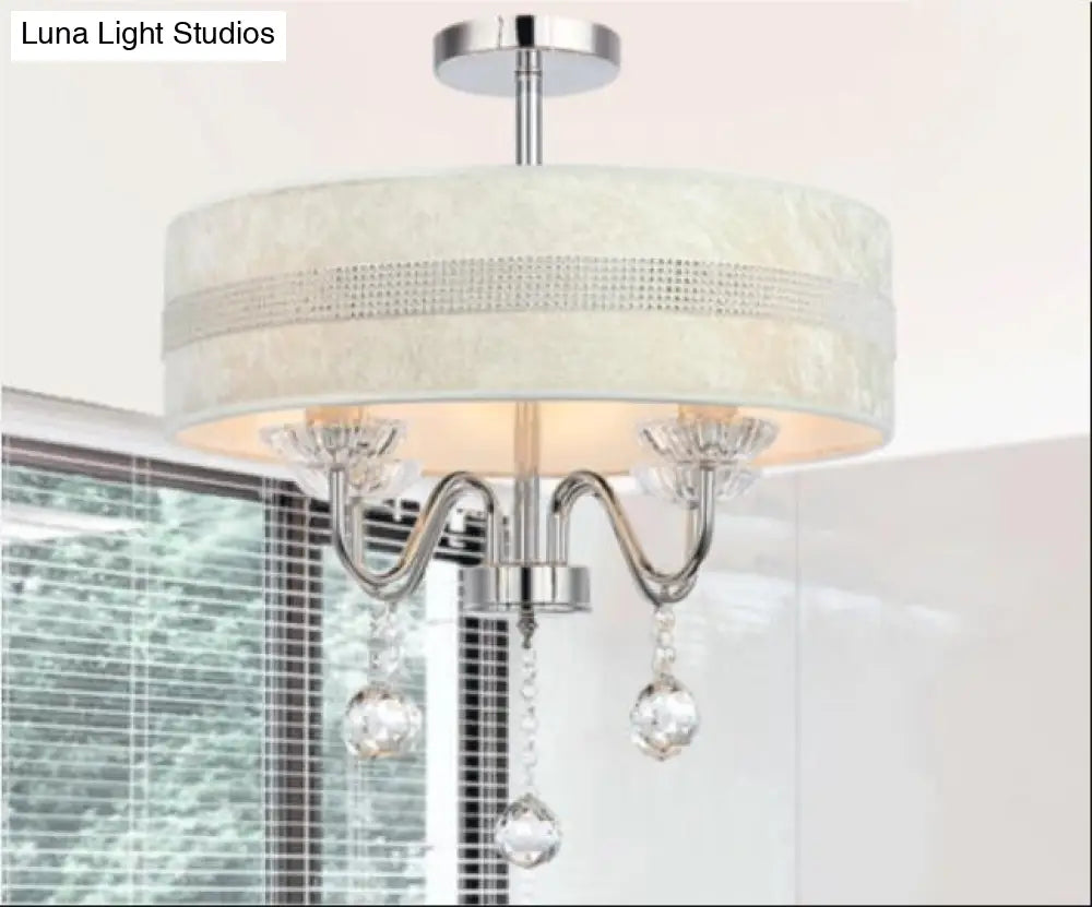 Nordic Drum Fabric Chandelier Light With Crystal Drop - Chrome Finish For Bedroom (3/4 Lights) 4 /
