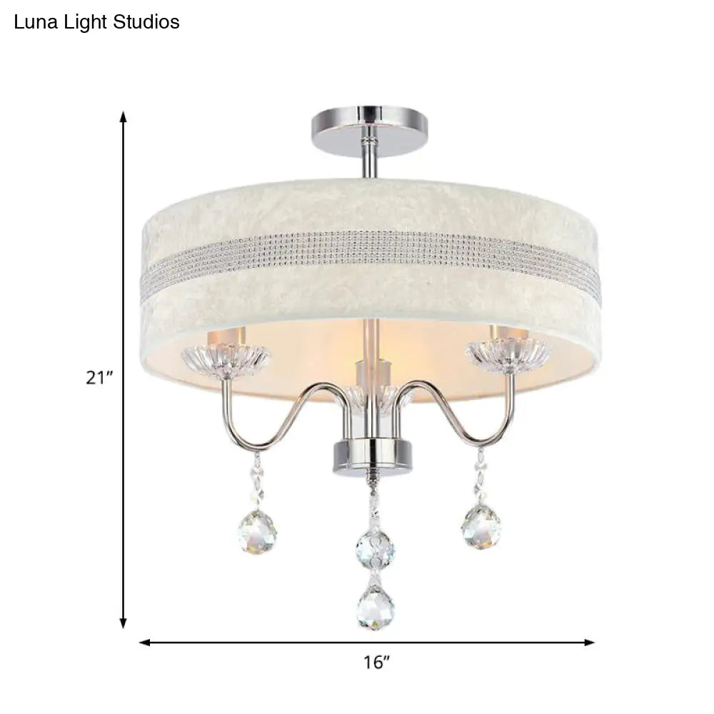 Nordic Drum Fabric Chandelier Light With Crystal Drop - Chrome Finish For Bedroom (3/4 Lights)