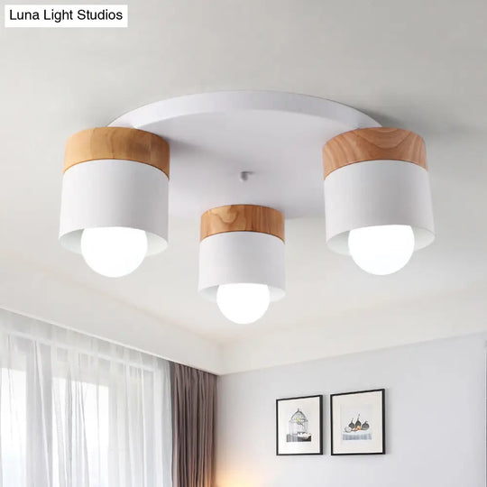 Modern Nordic Iron Cylinder Flush Mount Fixture With Wood Top - White 3 Bulb Ceiling For Bedroom