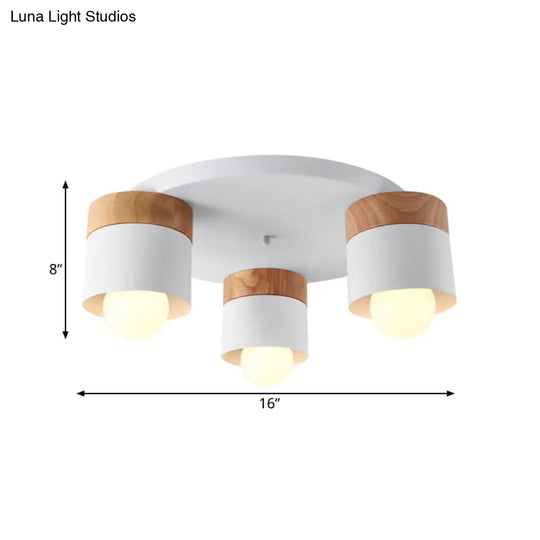 Modern Nordic Iron Cylinder Flush Mount Fixture With Wood Top - White 3 Bulb Ceiling For Bedroom