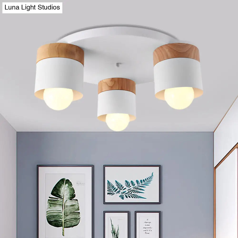 Modern Nordic Iron Cylinder Flush Mount Fixture With Wood Top - White 3 Bulb Ceiling For Bedroom