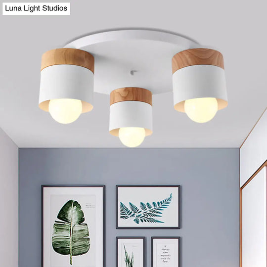 Modern Nordic Iron Cylinder Flush Mount Fixture With Wood Top - White 3 Bulb Ceiling For Bedroom