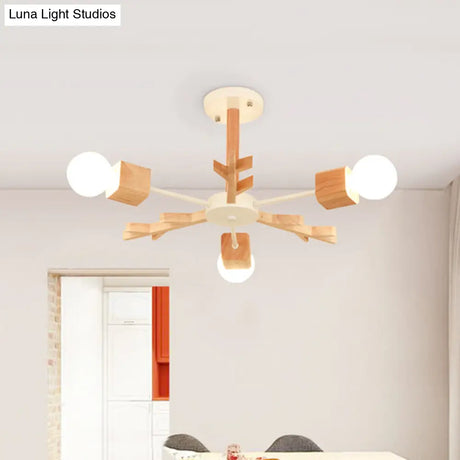 Modern Nordic Starburst Ceiling Mount Chandelier - Semi Flush & Light Wood Finish Exposed Bulb