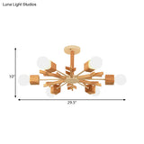 Modern Nordic Starburst Ceiling Mount Chandelier - Semi Flush & Light Wood Finish Exposed Bulb