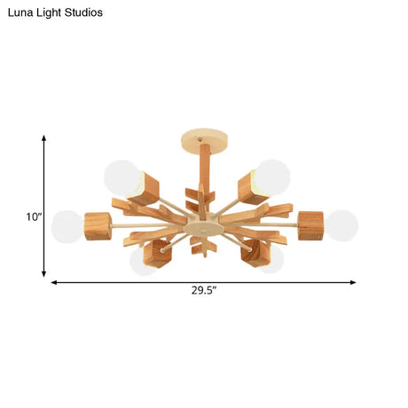 Modern Nordic Starburst Ceiling Mount Chandelier - Semi Flush & Light Wood Finish Exposed Bulb