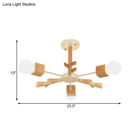 Modern Nordic Starburst Ceiling Mount Chandelier - Semi Flush & Light Wood Finish Exposed Bulb