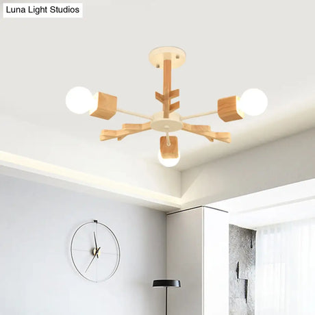 Modern Nordic Starburst Ceiling Mount Chandelier - Semi Flush & Light Wood Finish Exposed Bulb