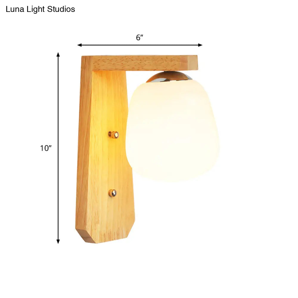 Modern Nordic Wooden Wall Lamp With Milky Glass Bud Shape & Right Angled Arm - 1 Bulb Light