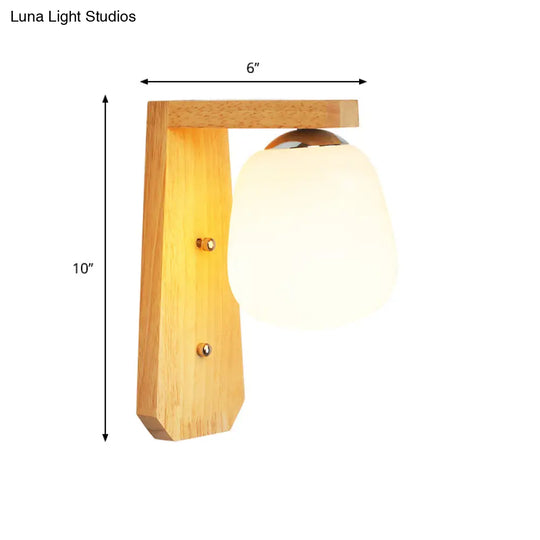 Modern Nordic Wooden Wall Lamp With Milky Glass Bud Shape & Right Angled Arm - 1 Bulb Light