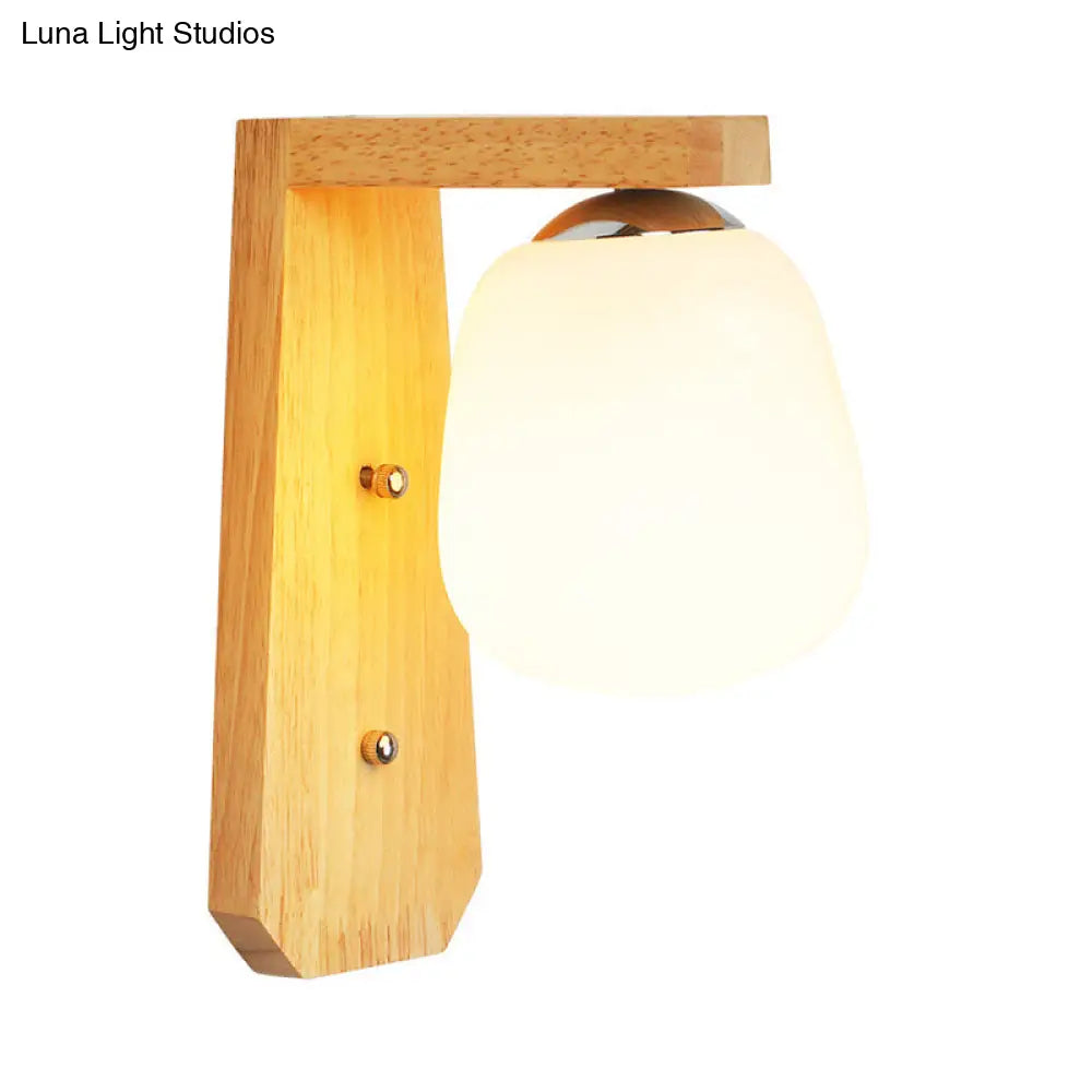 Modern Nordic Wooden Wall Lamp With Milky Glass Bud Shape & Right Angled Arm - 1 Bulb Light