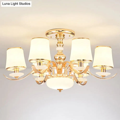 Modern Opal Glass Barrel Chandelier Pendant With Gold Finish And Curving Arm