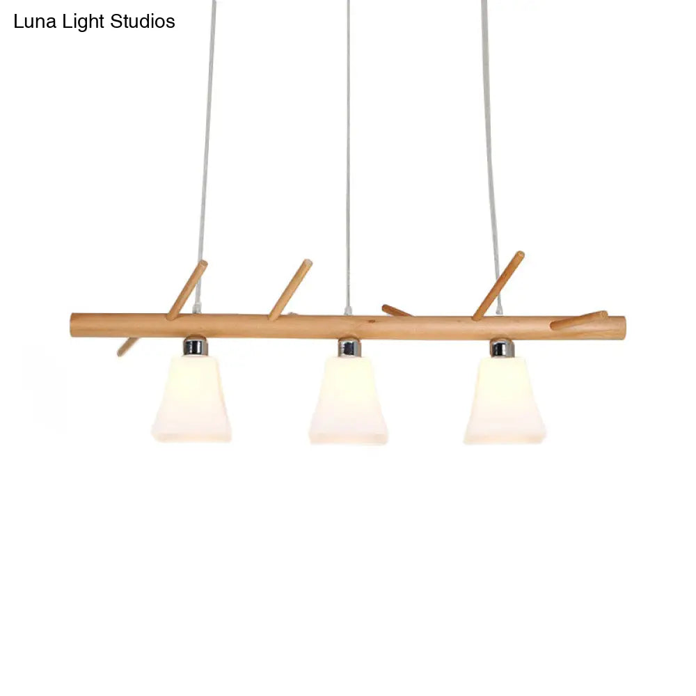 Modern Opal Glass Chandelier With 3-Light Island Lighting In Wood For Dining Room