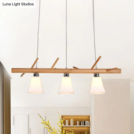 Modern Opal Glass Chandelier With 3-Light Island Lighting In Wood For Dining Room