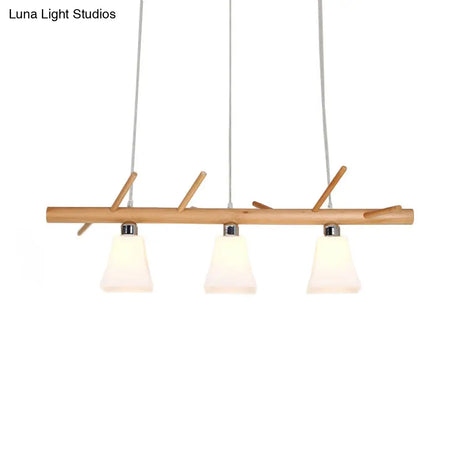 Modern Opal Glass Chandelier With 3-Light Island Lighting In Wood For Dining Room
