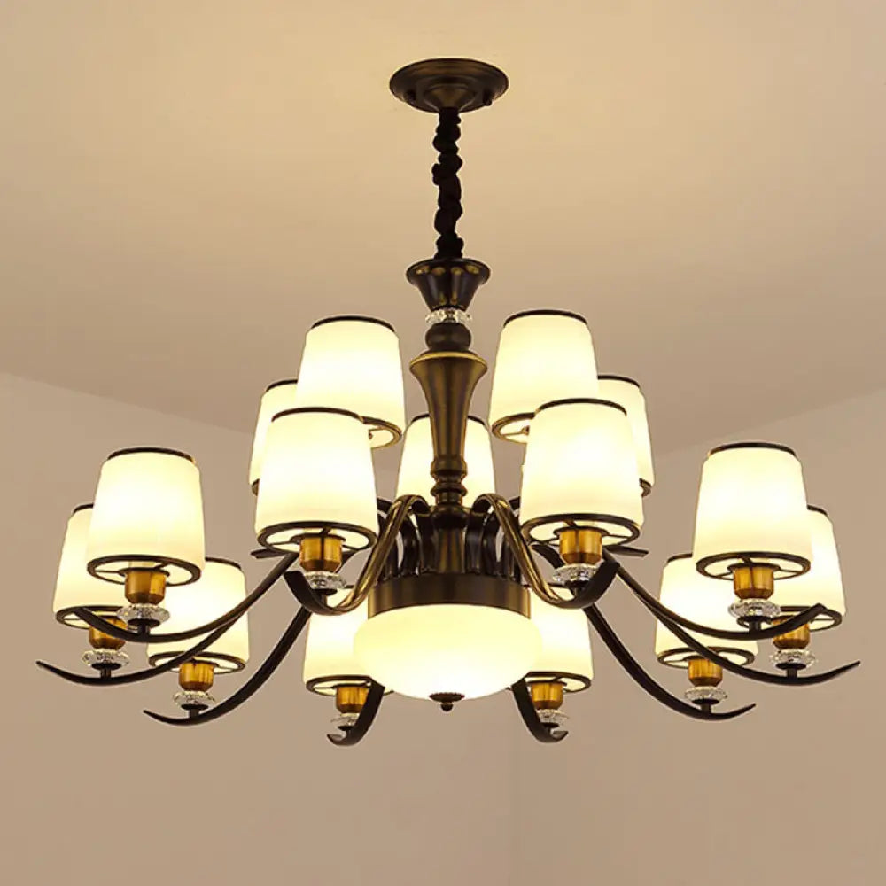 Modern Opal Glass Drum Pendant Chandelier For Living Room In Black 18 /