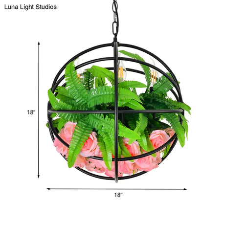 Modern Orb Cage Iron Chandelier With 4 Lights - Elegant Ceiling Hang Fixture In Black Rose And Leaf
