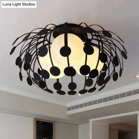 Modern Oval Metal Semi Flush Mount Lamp With Milk Glass Globe Shade - 3 Lights White/Black