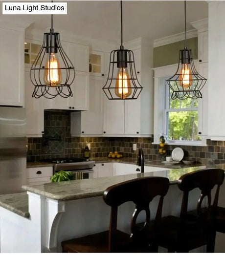 Modern Pendant Light Black Iron Hanging Cage Vintage E27Led Lamp Bulb Industrial Loft Retro Dining