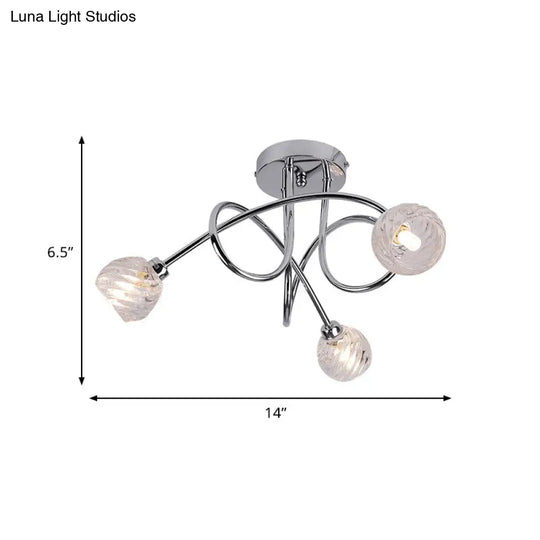 Modern Pineapple Semi Mount Led Ceiling Lamp - Clear Glass 3 Lights Chrome Twisted Arm Ideal For