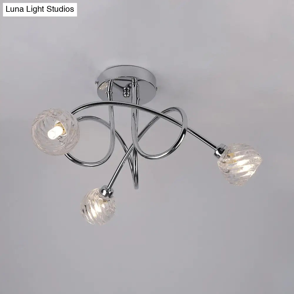 Modern Pineapple Semi Mount Led Ceiling Lamp - Clear Glass 3 Lights Chrome Twisted Arm Ideal For