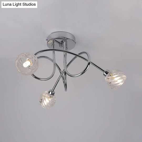 Modern Pineapple Semi Mount Led Ceiling Lamp - Clear Glass 3 Lights Chrome Twisted Arm Ideal For