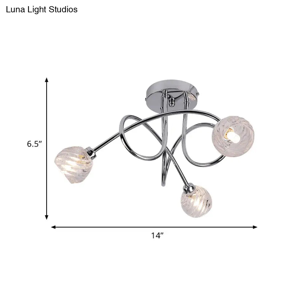 Modern Pineapple Semi Mount Led Ceiling Lamp - Clear Glass 3 Lights Chrome Twisted Arm Ideal For