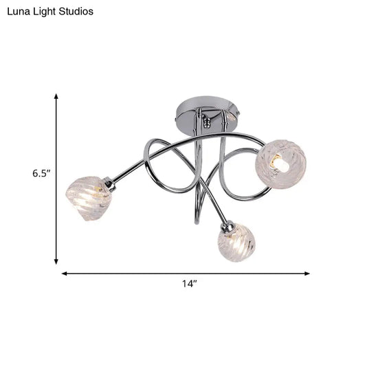 Modern Pineapple Semi Mount Led Ceiling Lamp - Clear Glass 3 Lights Chrome Twisted Arm Ideal For