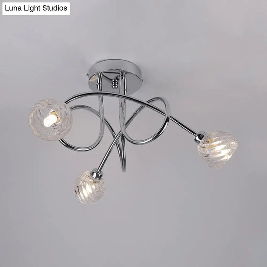 Modern Pineapple Semi Mount Led Ceiling Lamp - Clear Glass 3 Lights Chrome Twisted Arm Ideal For