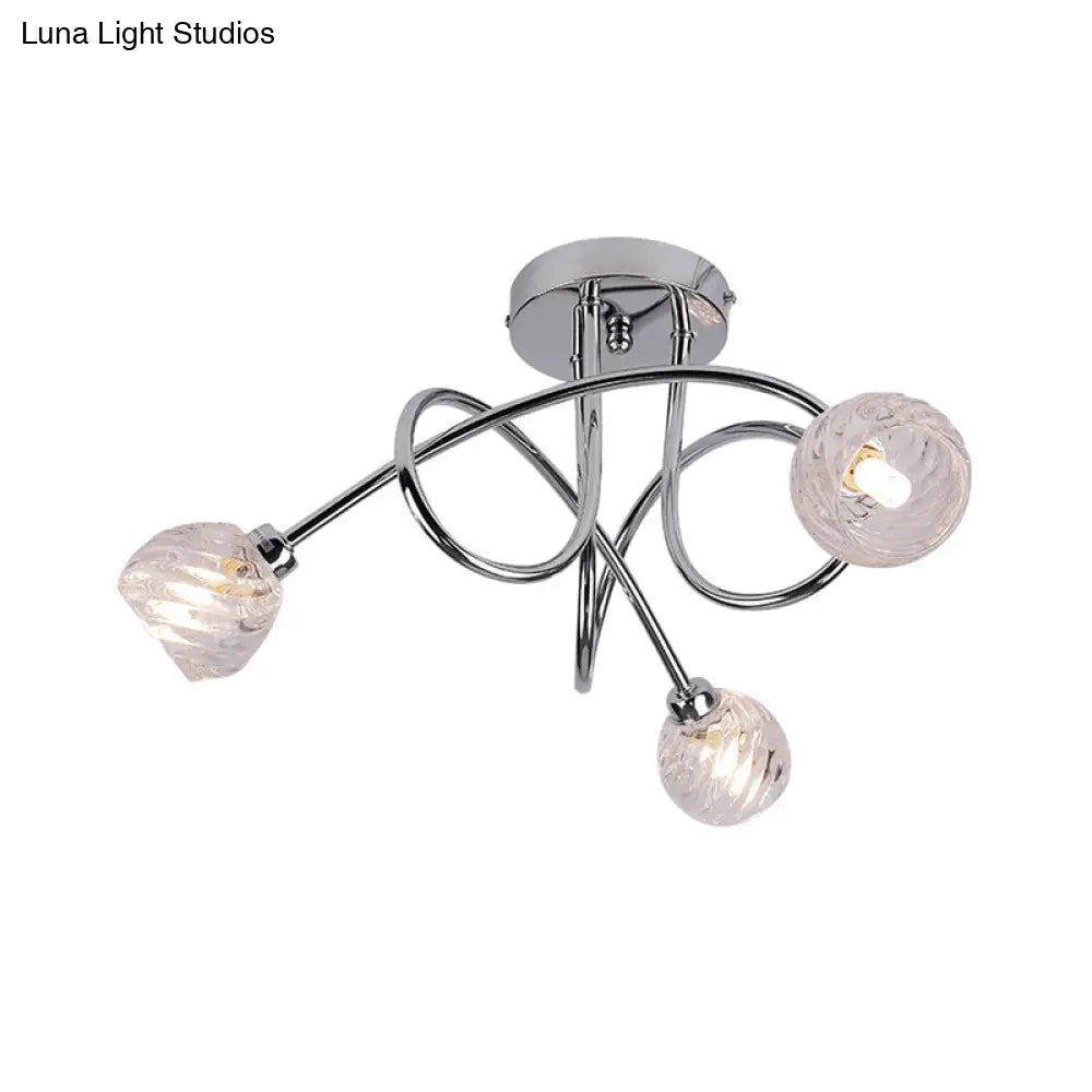 Modern Pineapple Semi Mount Led Ceiling Lamp - Clear Glass 3 Lights Chrome Twisted Arm Ideal For
