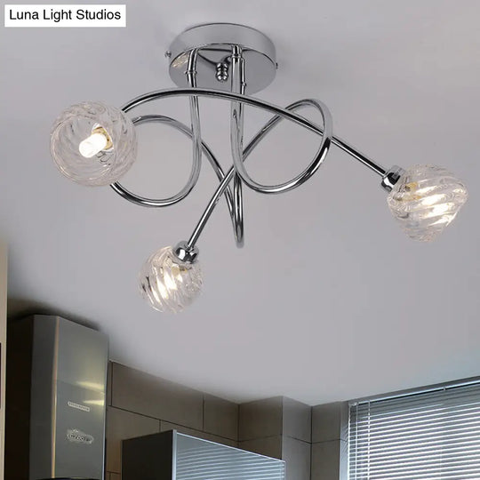 Modern Pineapple Semi Mount Led Ceiling Lamp - Clear Glass 3 Lights Chrome Twisted Arm Ideal For