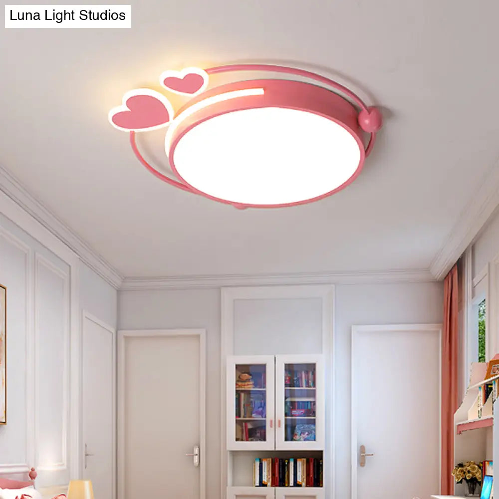 Modern Pink Drum Flush Mount Led Ceiling Lamp With Loving Heart Design In Warm/White Light