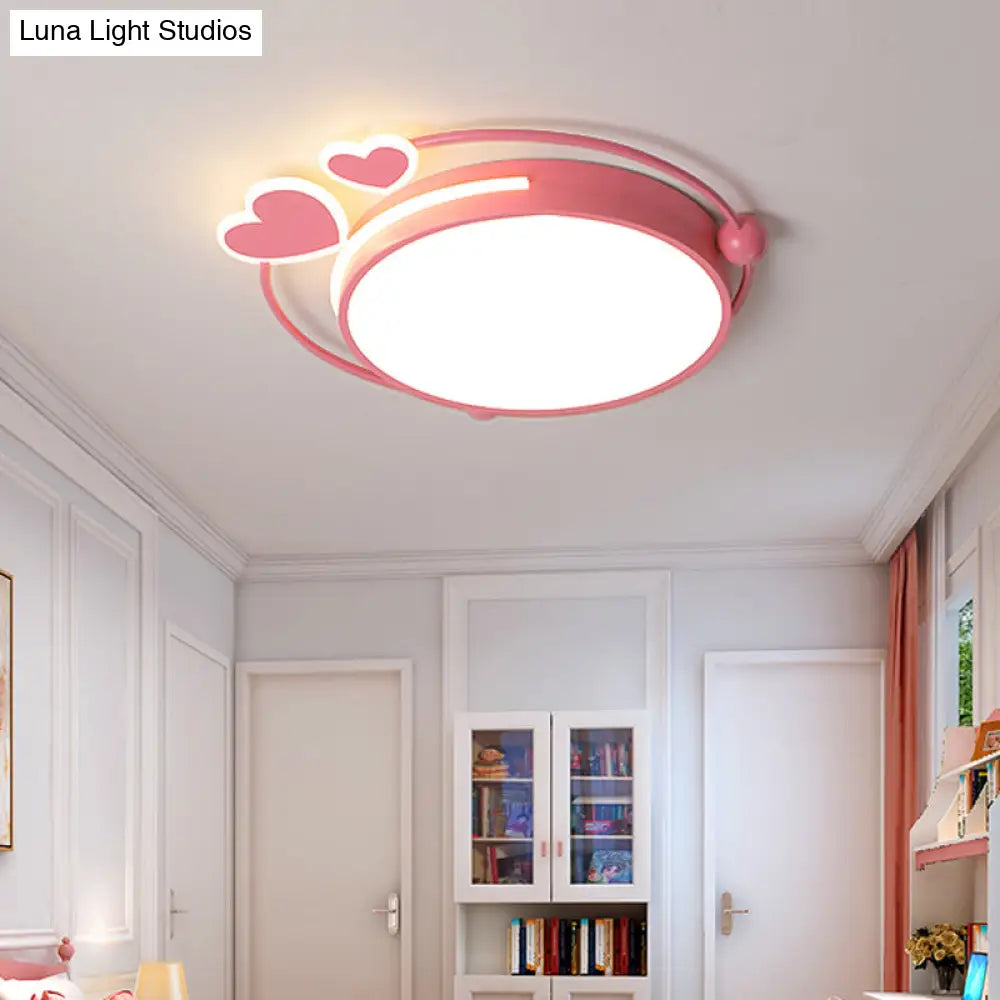 Modern Pink Drum Flush Mount Led Ceiling Lamp With Loving Heart Design In Warm/White Light