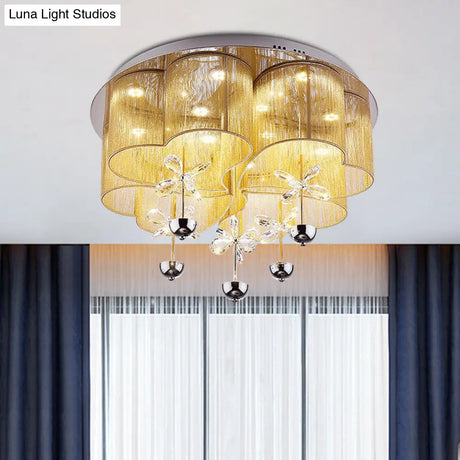 Modern Pink/Gold Clover Flush Ceiling Light With Crystal Flowers - Romantic Fabric Parlor Led