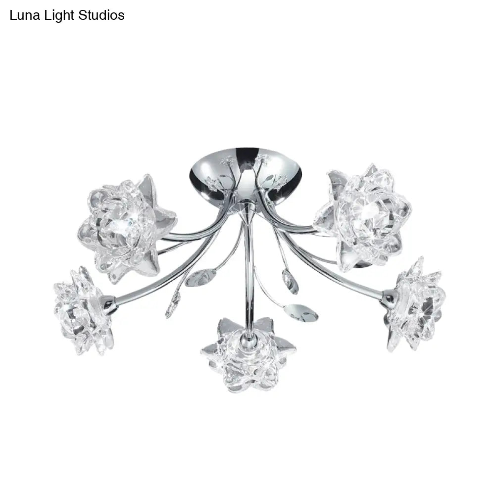 Modern Polished Chrome Crystal Blossom Chandelier - Semi Flush 5-Head Ceiling Mount