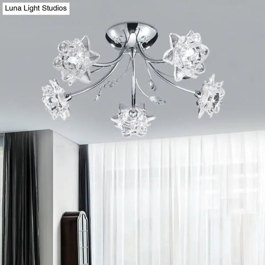 Modern Polished Chrome Crystal Blossom Chandelier - Semi Flush 5-Head Ceiling Mount