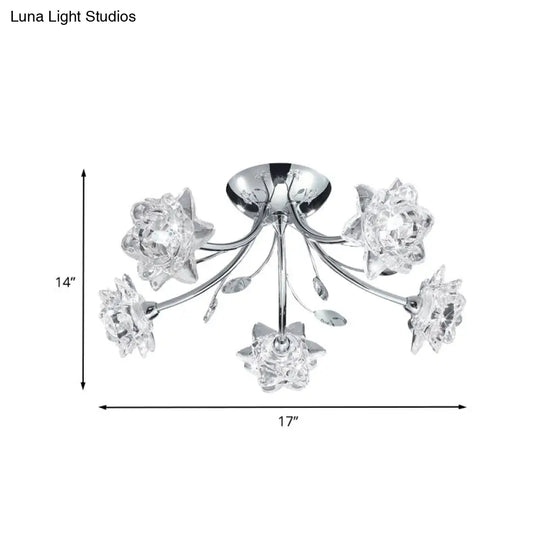 Modern Polished Chrome Crystal Blossom Chandelier - Semi Flush 5-Head Ceiling Mount