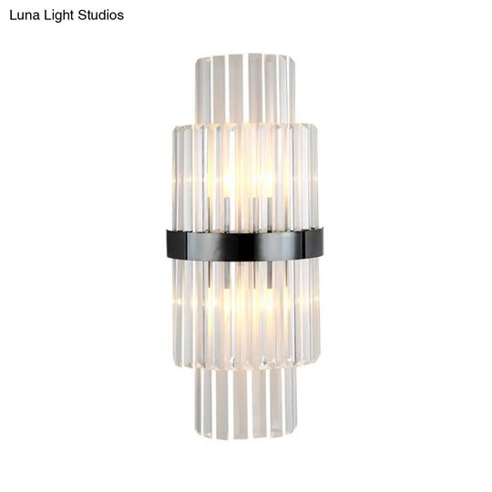 Modern Prism Crystal Wall Mount Lamp With 2 Tiers Bulbs And Black Half-Cylinder Shade