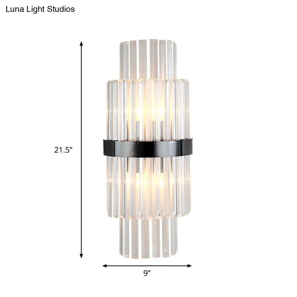 Modern Prism Crystal Wall Mount Lamp With 2 Tiers Bulbs And Black Half-Cylinder Shade