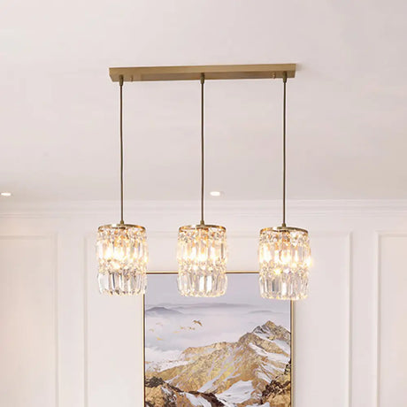 Modern Prismatic Crystal Hanging Light With 2 Layers 3 Lights Gold Pendant Design - Linear/Round