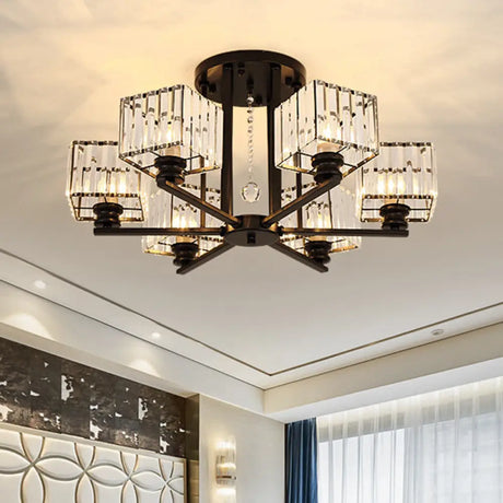 Modern Radial Suspension Light - Metallic Chandelier With K9 Crystal Shade For Living Room 6 / Black