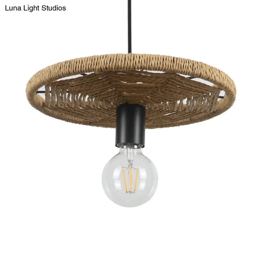Modern Rattan Pendant Lamp Round Shape Beige 1 Head Open Bulb