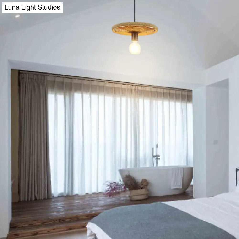 Modern Rattan Pendant Lamp Round Shape Beige 1 Head Open Bulb